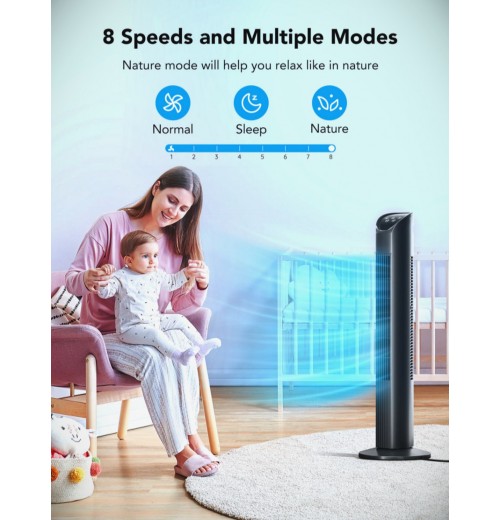 Black Smart Tower Fan with Wi-Fi App Control for Convenient Cooling